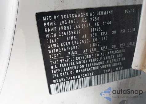 2010 Volkswagen Tiguan Wolfsburg Edition from USA, damaged, VIN WVGBV7AX6AW520244